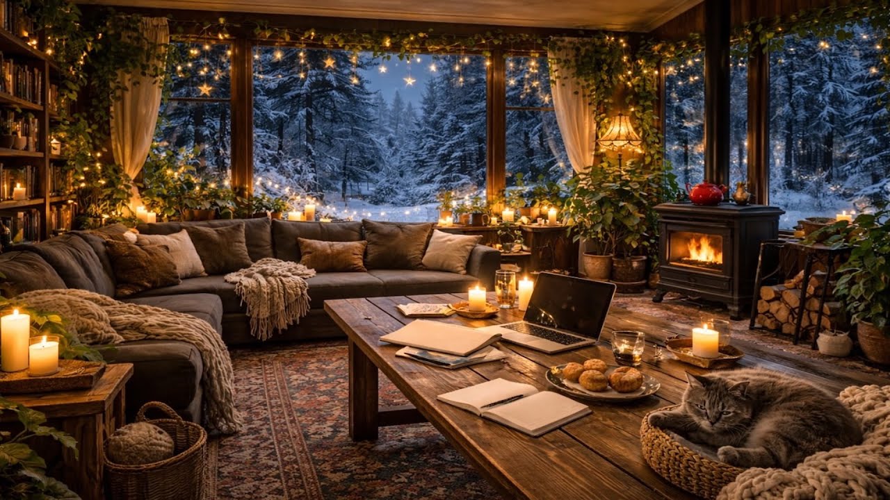 4K Deep Focus Cozy Winter Room ❄️ Fireplace & Snow | Piano Jazz | Study, Work & Reading (1.5 Hours)