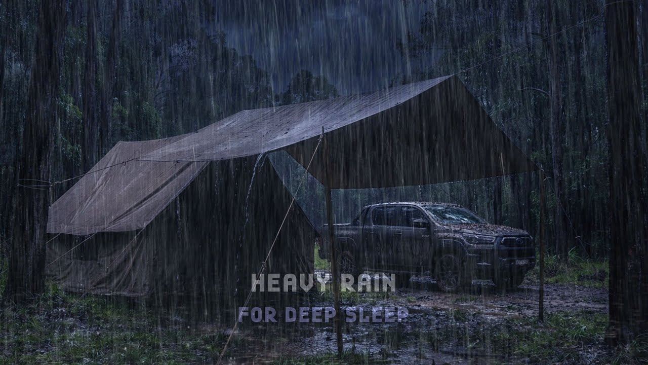 Fall Asleep Fast 🌧️⚡ | Heavy Rain & Thunder in Forest Tent with Double Cabin Parked Nearby 🚚