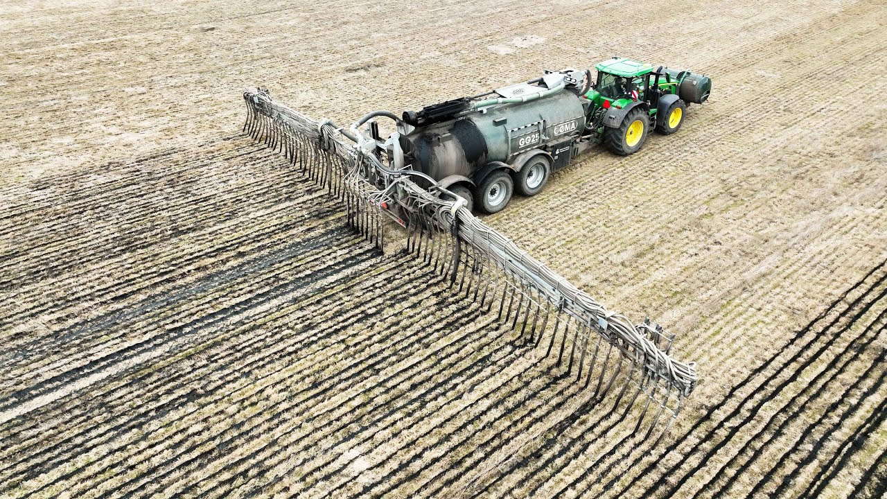 John Deere 8R 340 laying manure w/ GØMA GG25 Slurry Tanker | Manure Season 2023