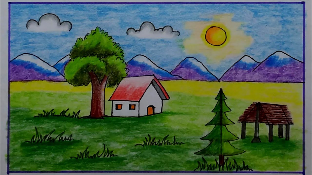 So Beautiful Scenery Drawing | My Beautiful Cute House Very Nice Summer Scenery Drawing For Kids 