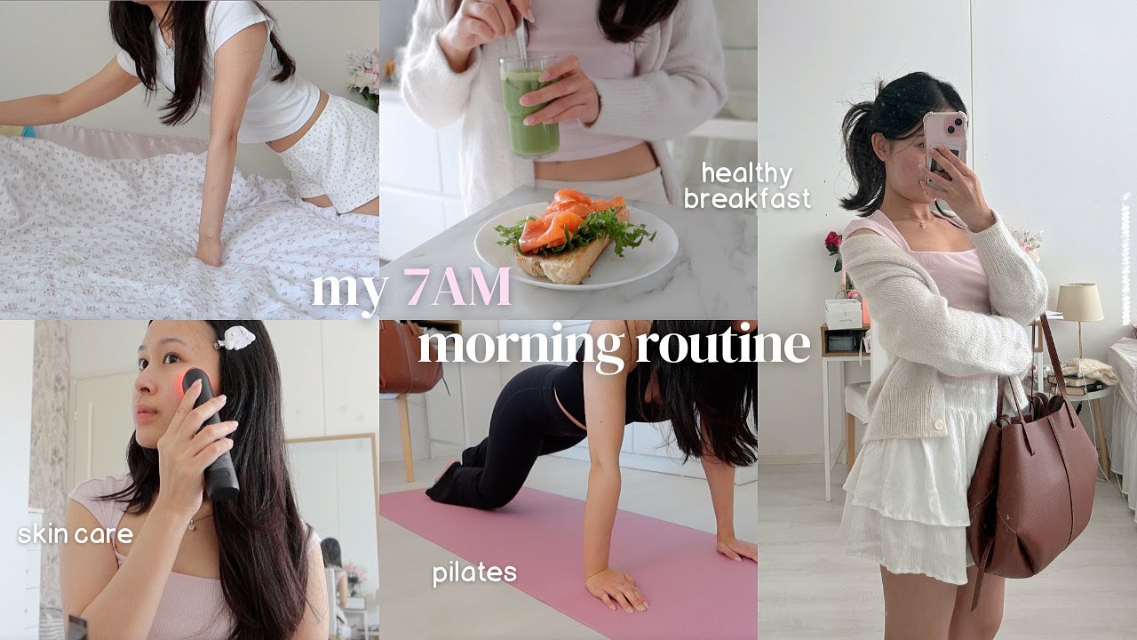 7AM productive morning routine before work 🎀 home pilates, Korean skin care, self care, grwm