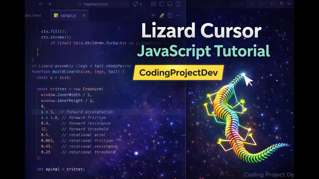 Complete JavaScript Canvas Tutorial: Reptile Cursor with Smooth Motion #coding #javascript