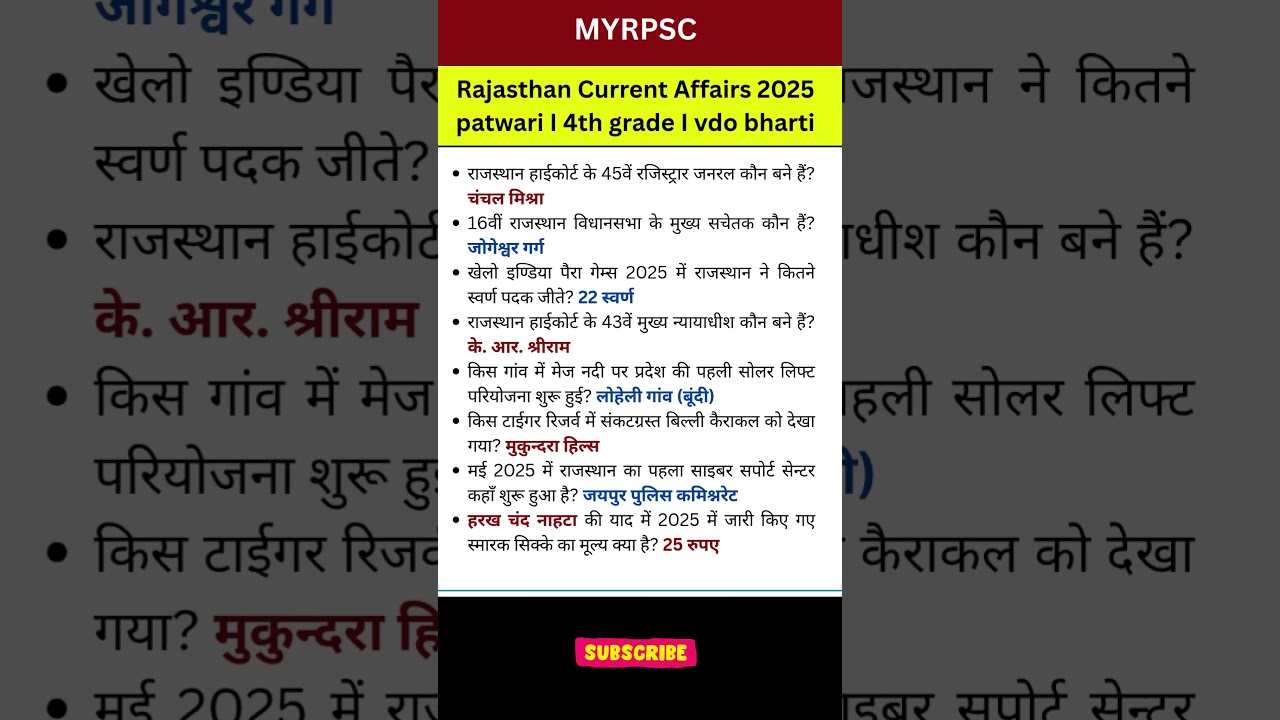 Rajasthan Current Affairs 2025 I Patwari, 4th Grade VDO Rajasthan Current Affairs 2025 #gk #4thgrade