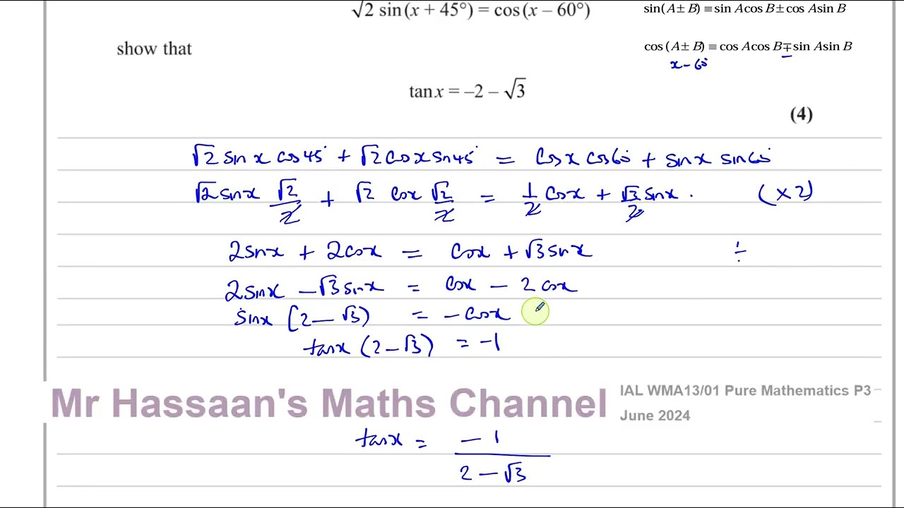 WMA13/01, (Edexcel), IAL, P3 June 2024, Q7, Trigonometric Identities & Equations