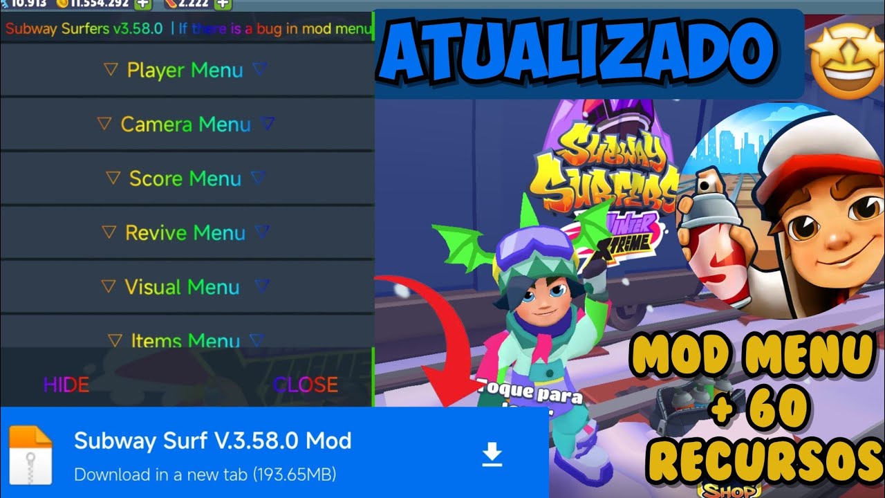subway surf MOD MENU V3.58.0 +60 RECURSOS VIP (DINHEIRO ILIMITADO, CHAVE)✅