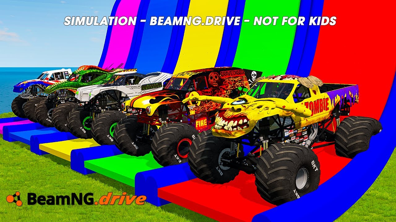 5 MONSTER TRUCKS vs GIANT COLOR WATER SLIDE #025 in BeamNG.Drive