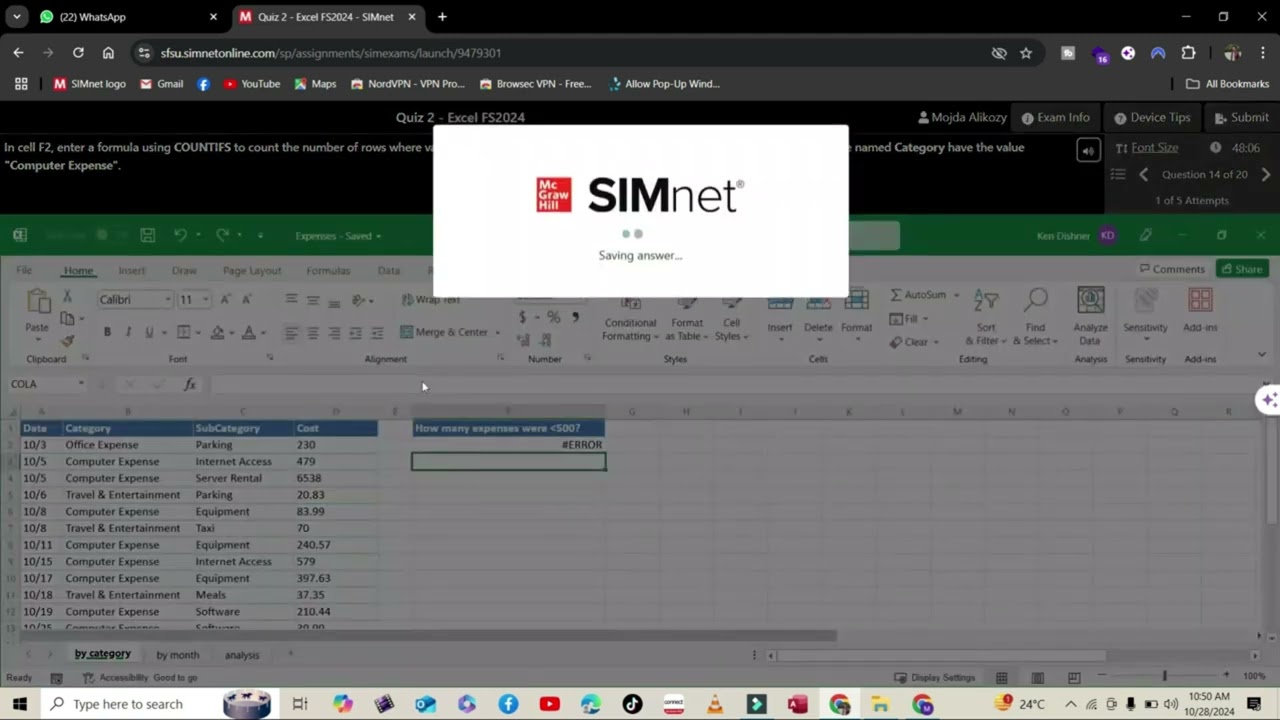 Quiz 2 Excel FS2024 | SImnet Excel Ch 2 Quiz | SIMNET Exam | PART 2