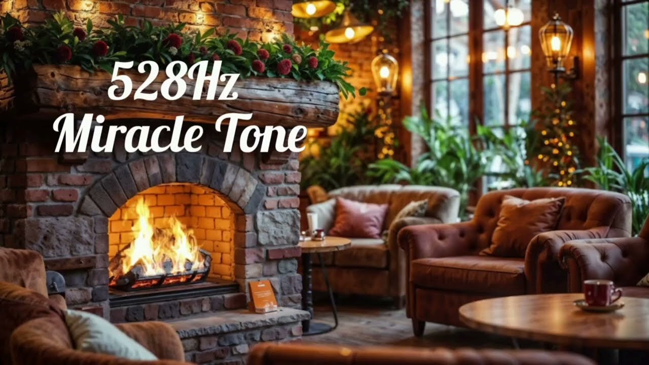 528Hz Healing Miracle Tone ~ Ambient Crackling Fireplace ~ Cozy Caf&eacute;