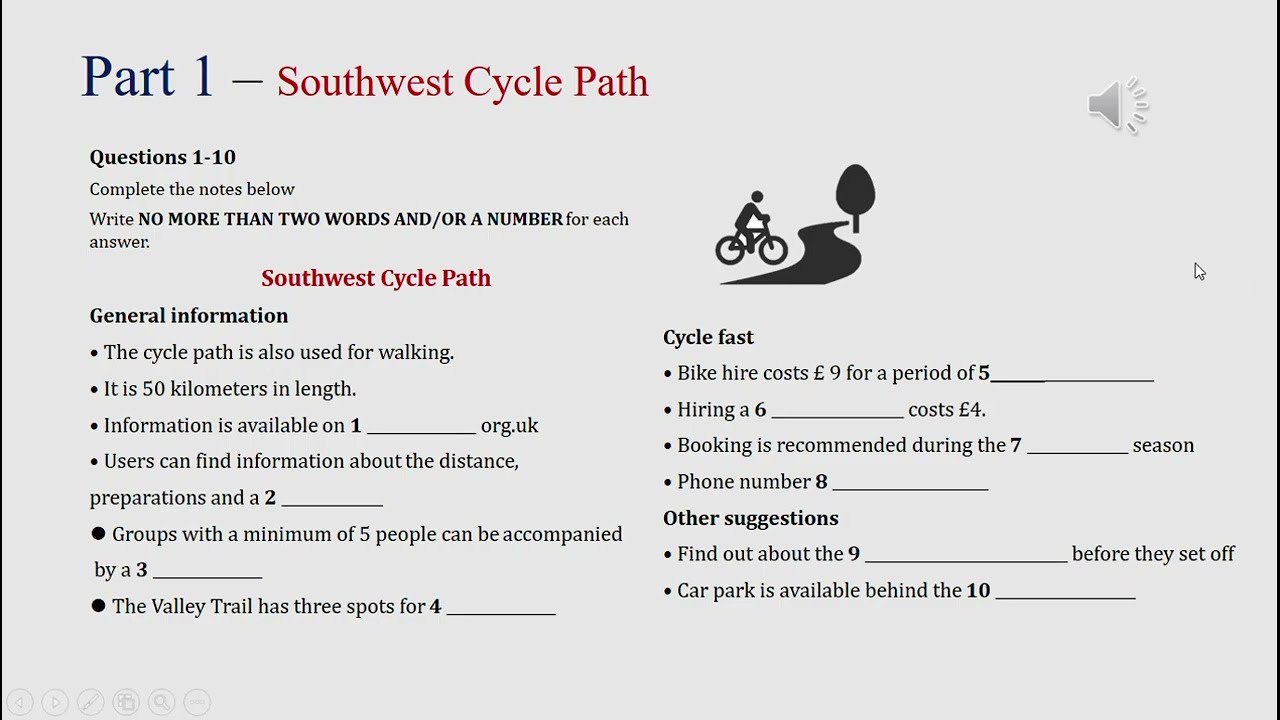 IELTS listening actual test Part 1: Southwest cycle path (answer+ transcript)