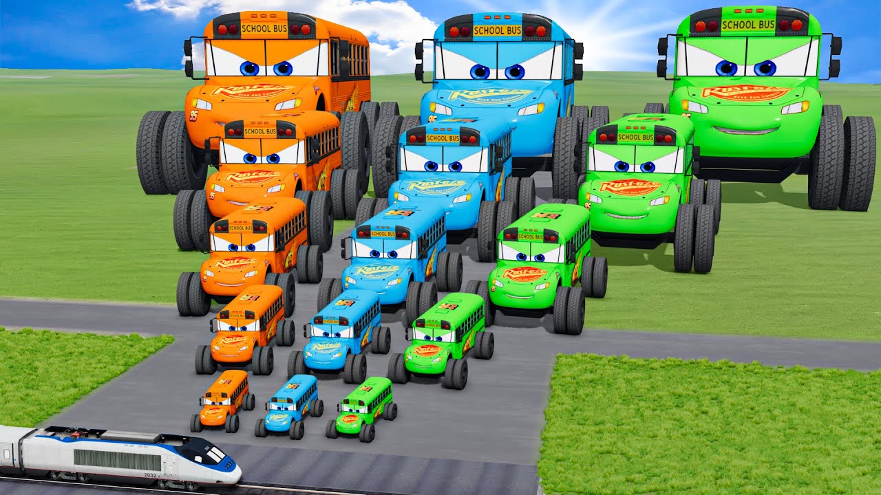 Big & Small Colors School Bus Lightning Mcqueen vs Train Thomas | BeamNG.Drive