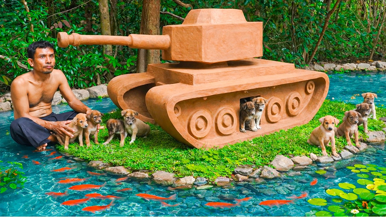 I Built a Giant CLAY TANK Fish Pond for Rescued Puppies 🐶🐟 Unbelievable Jungle Build!