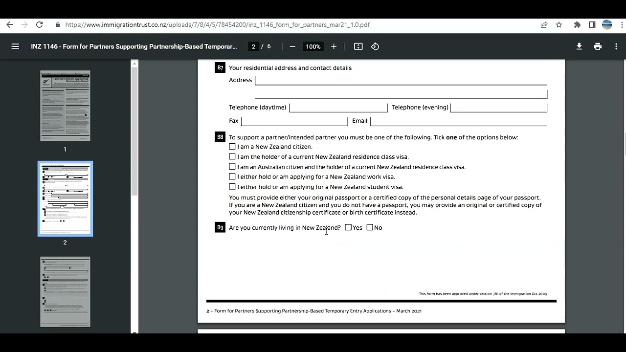 INZ1146 Form For Partners Supporting Partnership Based Temporary Entry Applications For New Zealand
