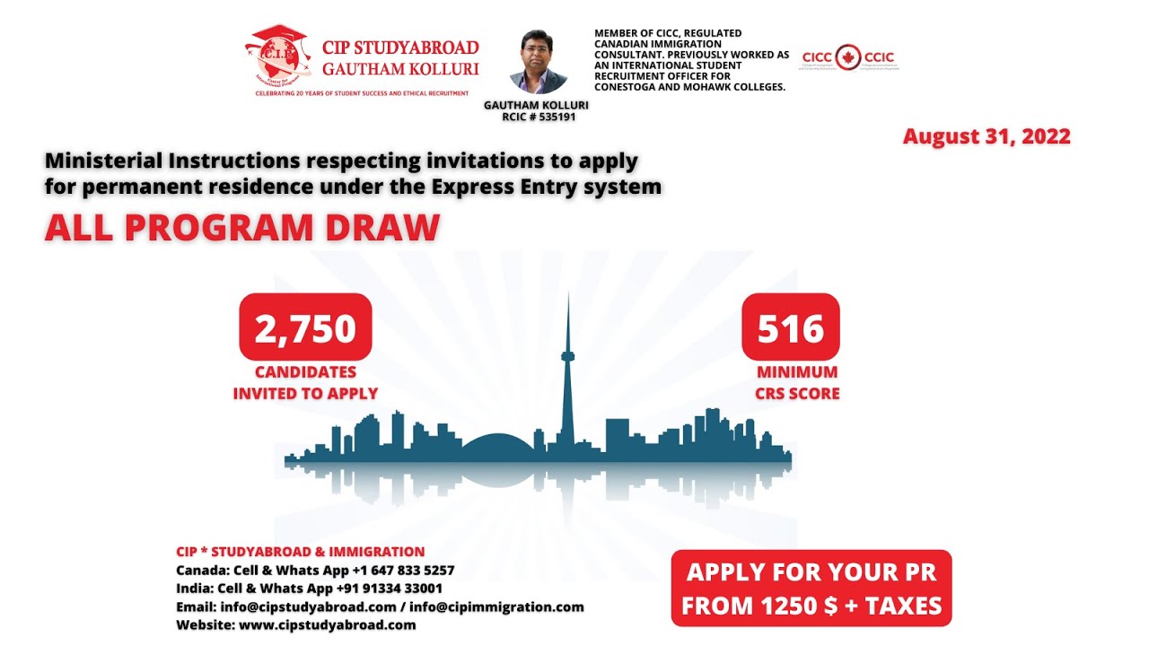 Canada Express Entry Draw, 31st August, 2022- CRS 516 and ITA's issued 2750. Gautham Kolluri, RCIC