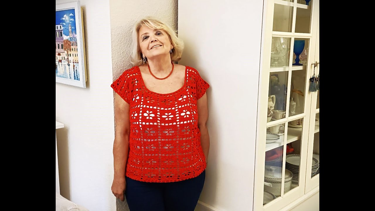 Blusa en crochét, primavera-verano.MUY FÁCIL, punto cuadrados con flor, paso a paso.