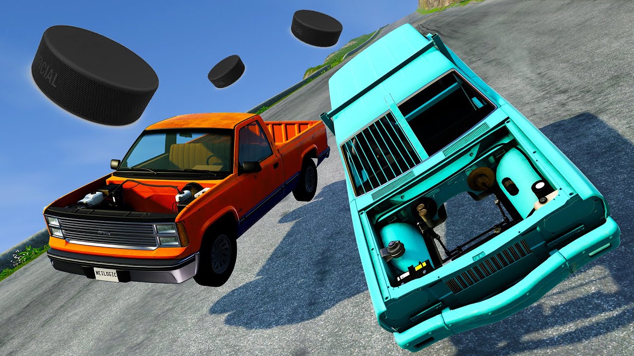 Can We Win A Downhill Race Against Giant Hockey Pucks With NO ENGINES?! - BeamNG MP