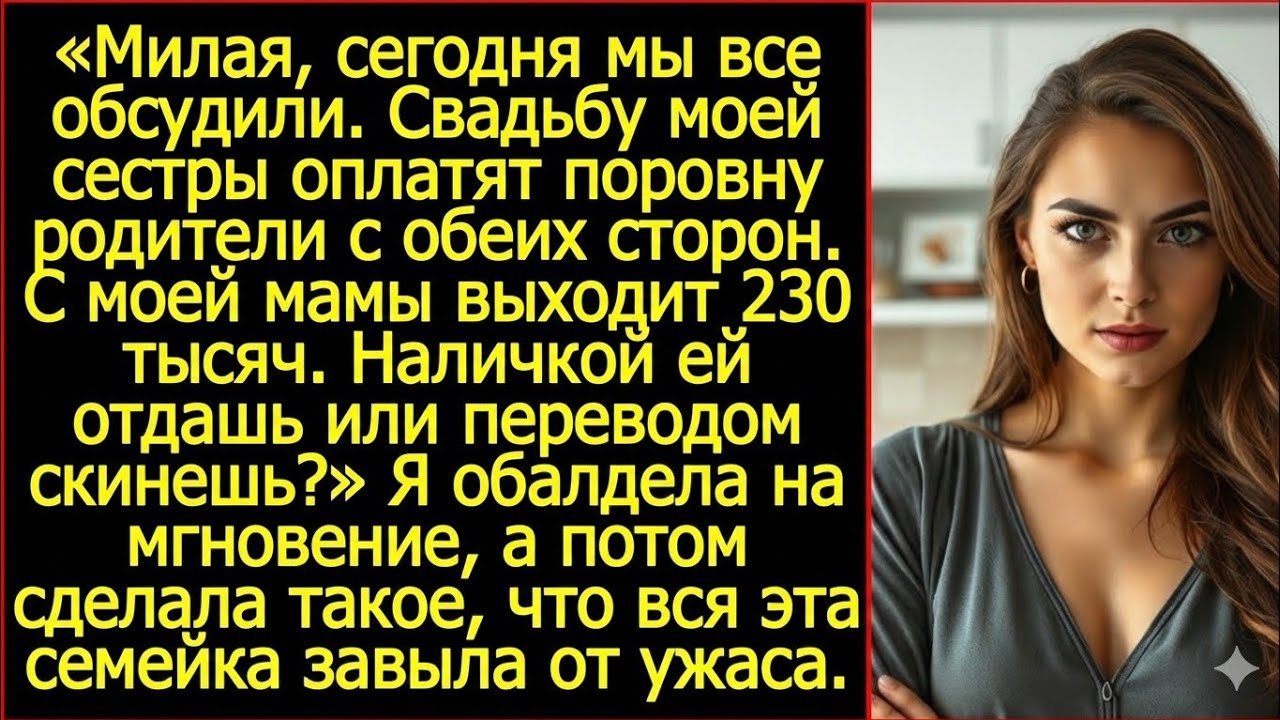 Мама на свадьбу сестры потратила 230 тысяч. Наличкой ей отдашь или переводом скинешь? Спросил муж.
