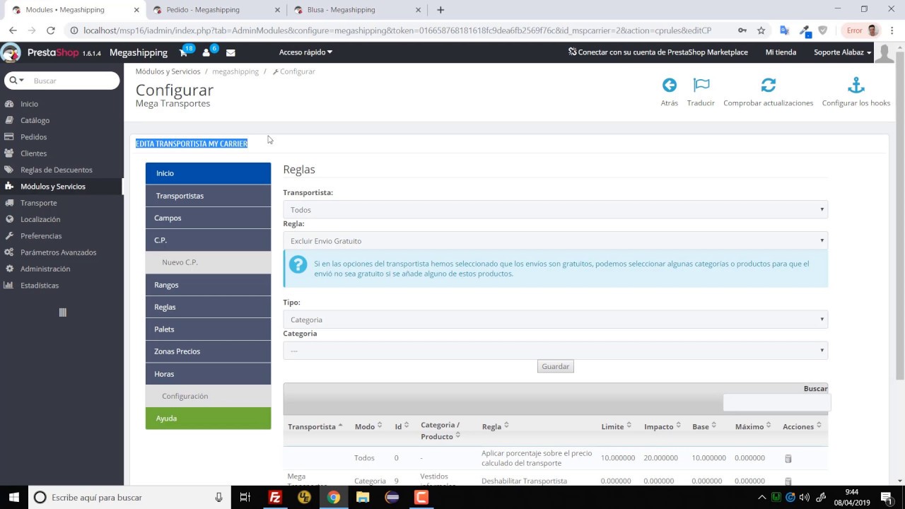 Módulo MegaShipping: todas las opciones de configuración paso a paso