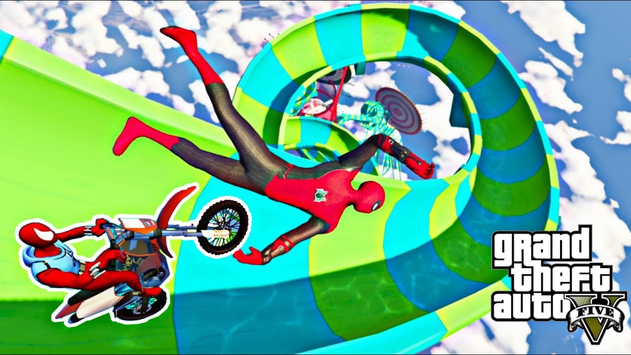 Water Slides Spiderman Ragdolls gta 5 hombre araña  se deslizan sobre tobogán acuático con MOTOS GTA