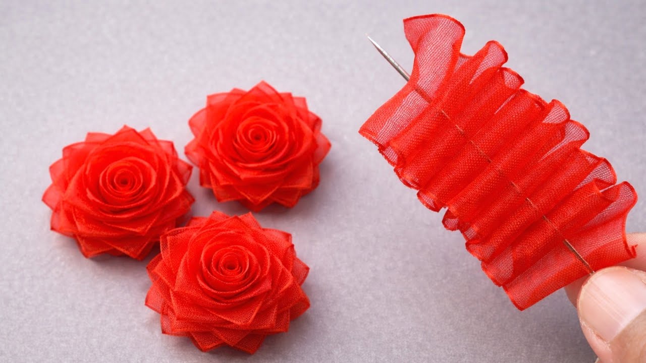 Ribbon Flowers / How to make ribbon flowers / Easy making with needle / Amazing Ribbon Tricks