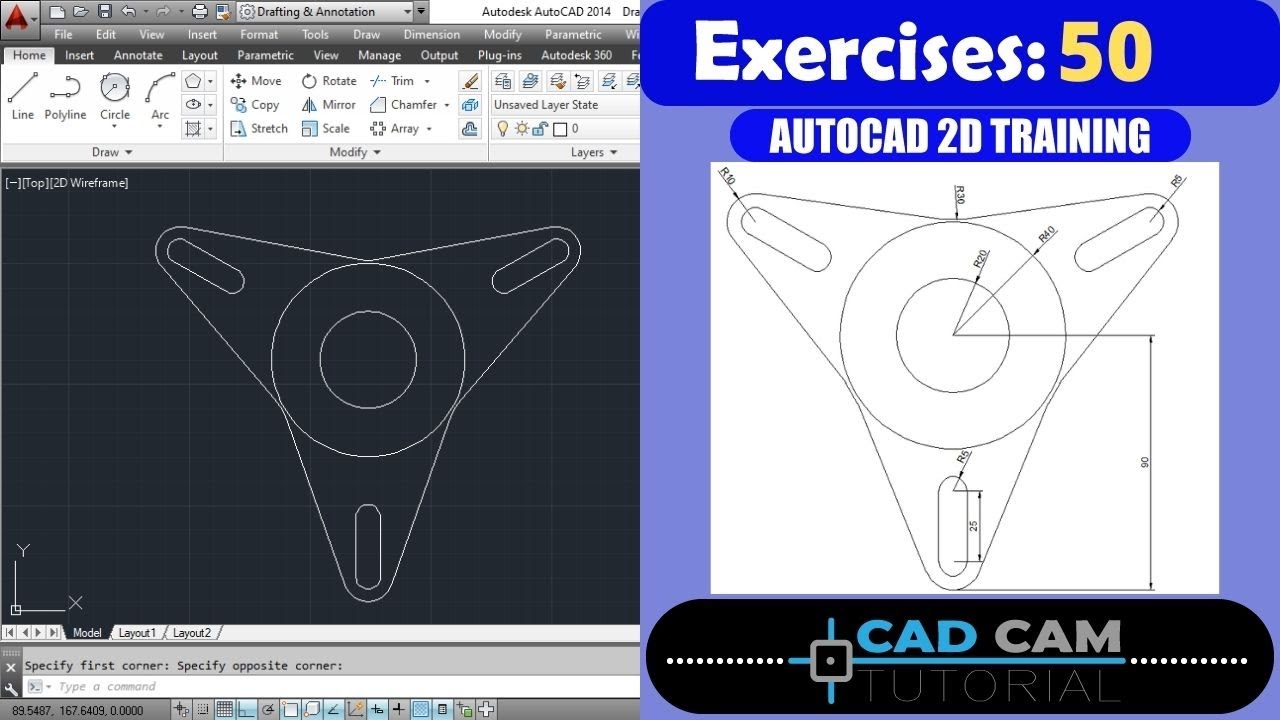 Autocad 2D Practice Drawing / Exercise 50/ Simple Tutorial