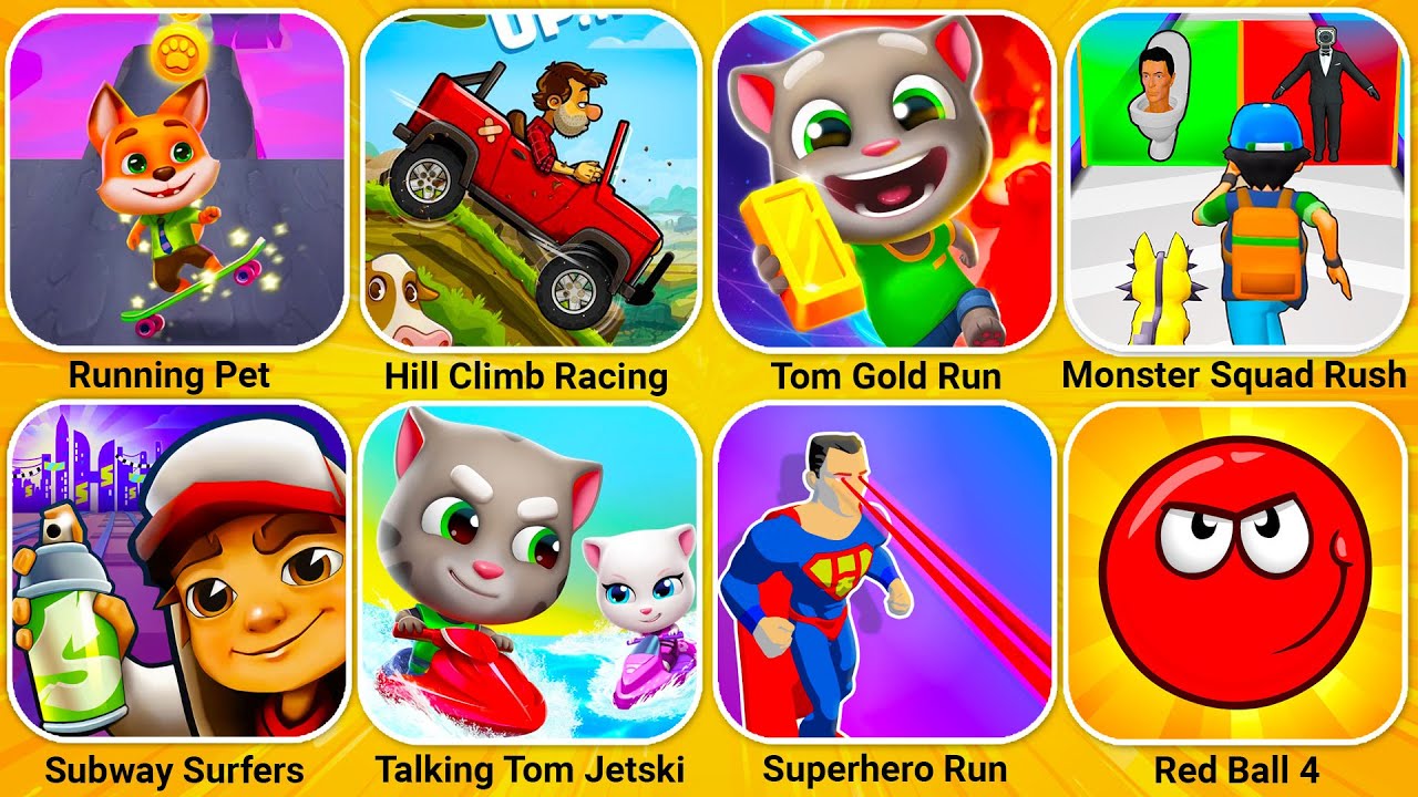 Running Pet, Hill Climb Racing, Subway Surfers, Monster Squad Rush, Superhero Run, Mini Racing...
