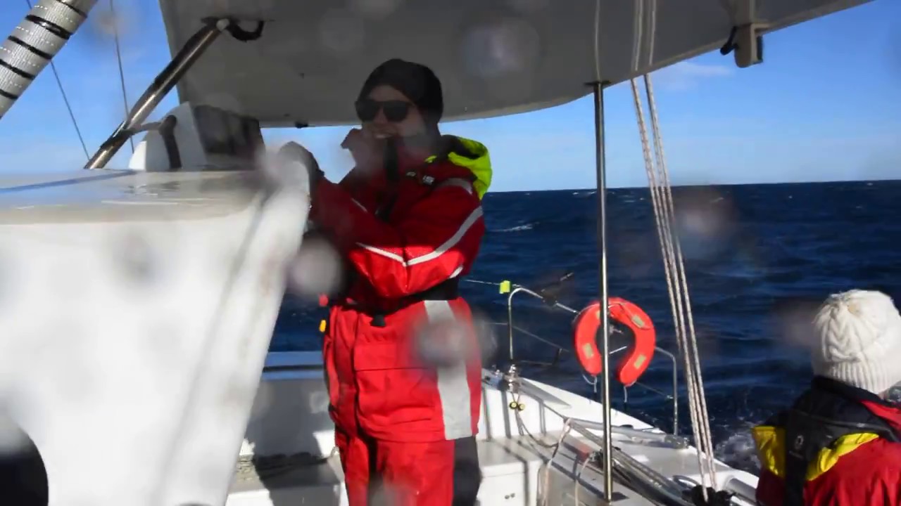 Catamaran sailing in 40 knots  hard on the wind
