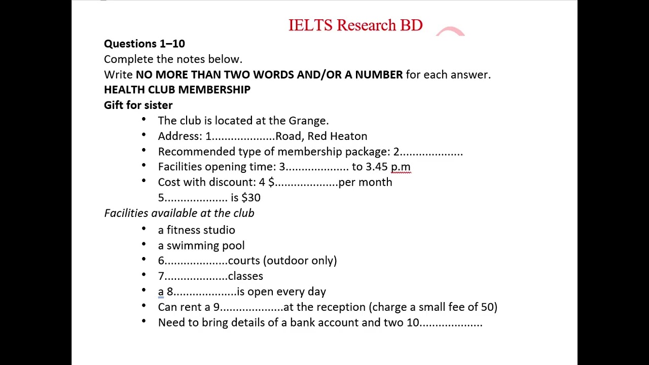 HEALTH CLUB MEMBERSHIP PART 1 Actual  IELTS listening test
