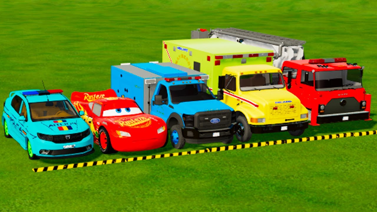 VOLKSWAGEN, MCQUEEN, DACIA POLICE CARS & MERCEDES FIRE TRUCK VEHICLES TRANSPORTING ! FS22
