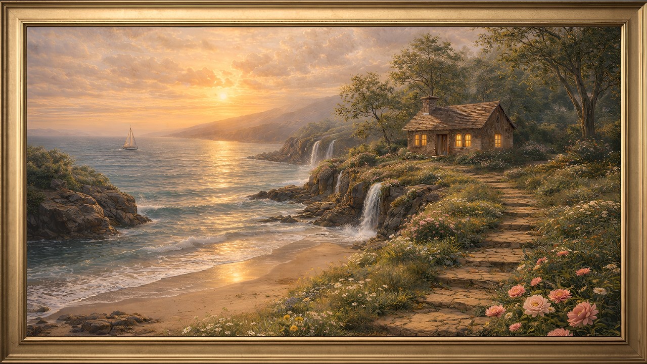 4K TV Frame Art: Coastal Sunset Cottage & Waterfalls | 3 Hours Samsung Frame Art
