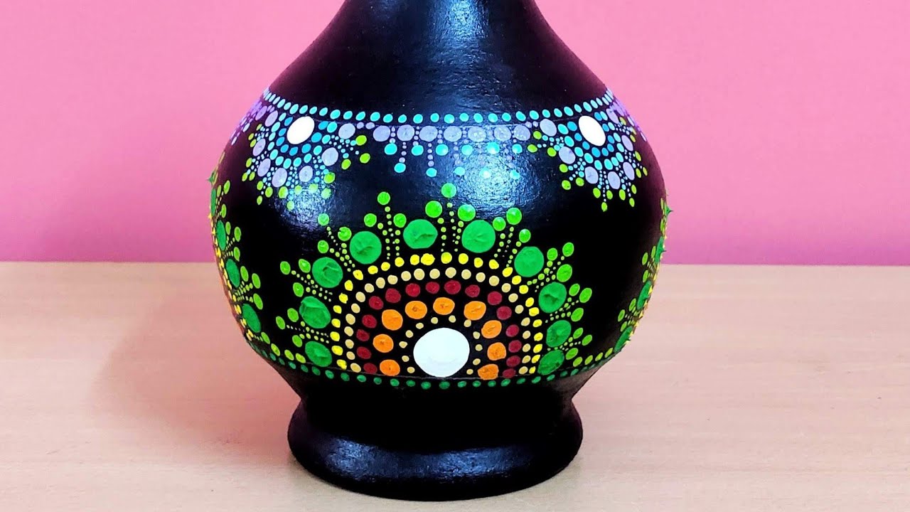 Pot painting using dot mandala technique | easy pot painting technique | colourful pot painting