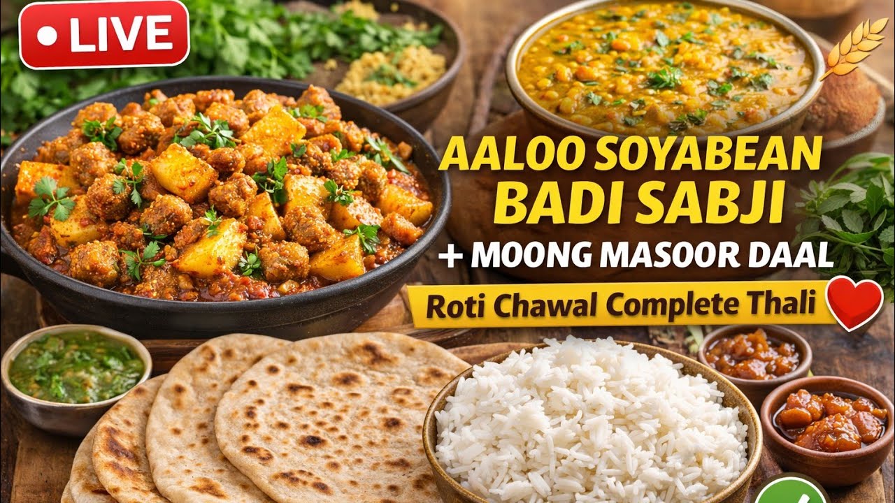 Aaloo Soyabean Badi Sabji + Moong Masoor Daal Live 🍛 | Roti Chawal Complete Thali