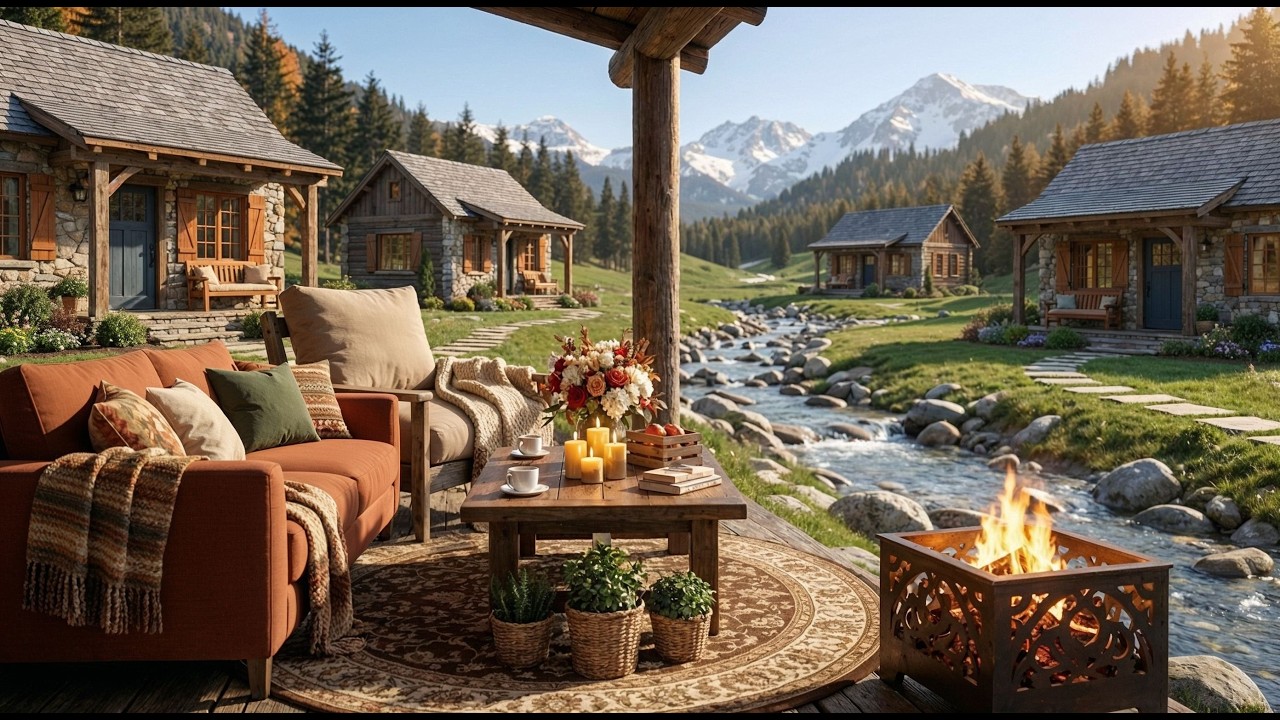 Late Winter Village by a Flowing Stream | Cozy Fireplace & Relaxing Piano Music