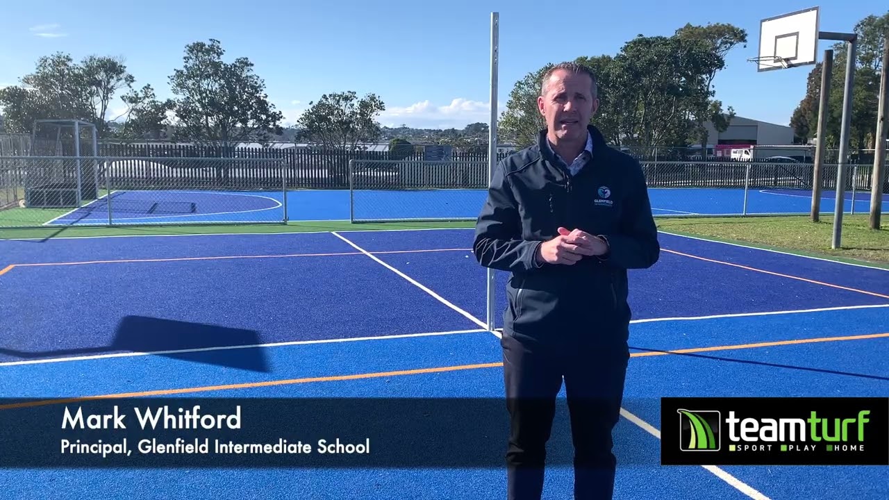 Glenfield Intermediate School Principal discussing the schools' new artificial turf sports courts