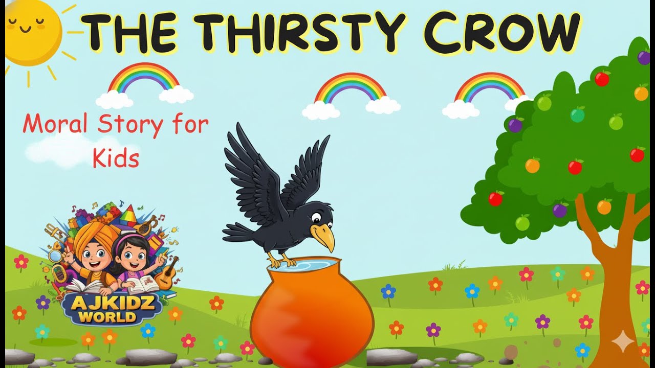 🐦‍⬛💧 The Thirsty Crow 🌞 | Moral Story for Kids | Fun Learning with AJKIDZ WORLD 🌈✨