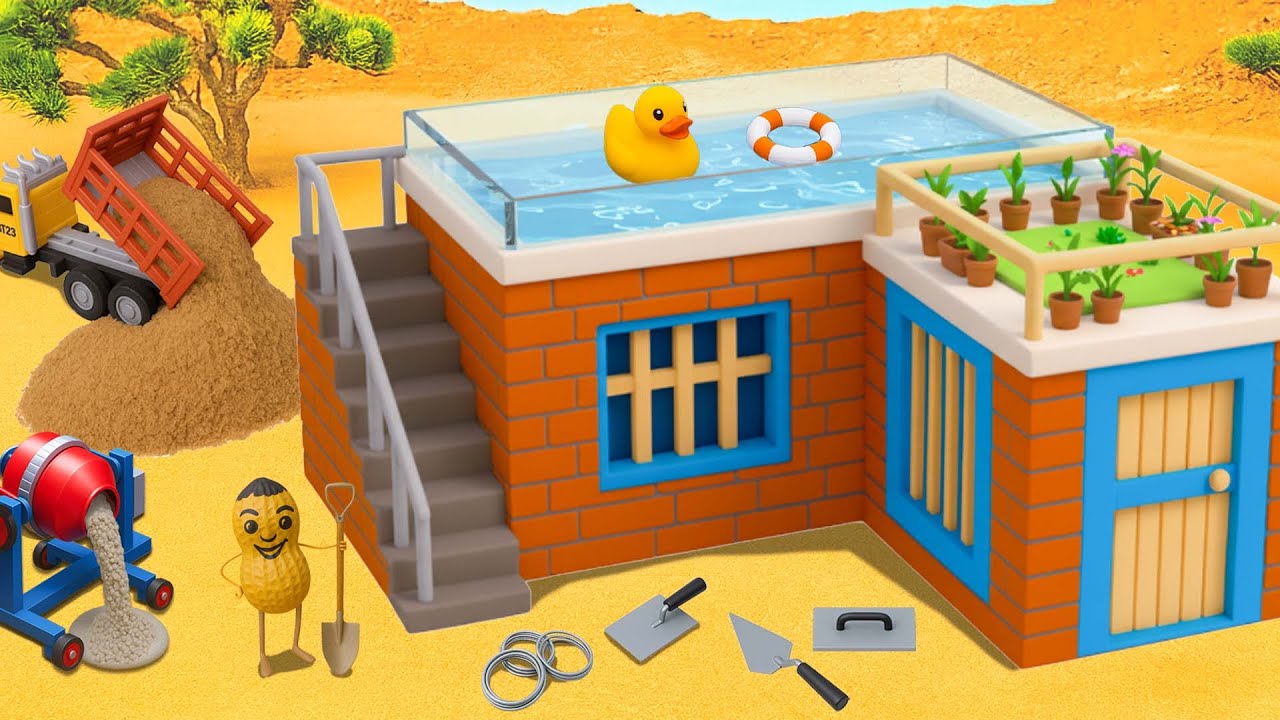 DIY Mini Brick House with Rooftop Swimming Pool | Mini Construction Project