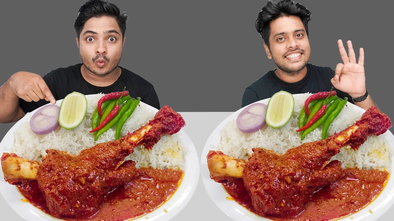 SPICY MUTTON LEG CURRY WITH RICE AND GREEN CHILI EATING CHALLENGE || Friends Food Challenge