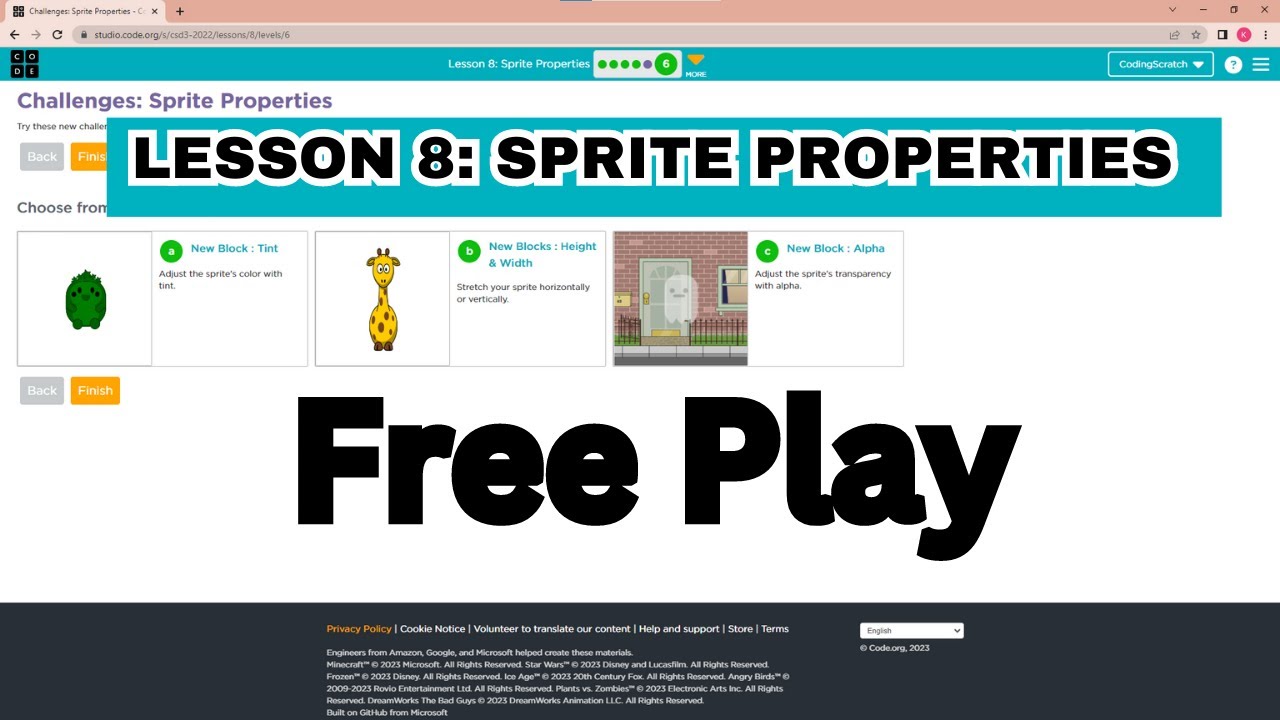 Code.org Lesson 8 Sprite Properties | Unit 3- Interactive Animations and Games