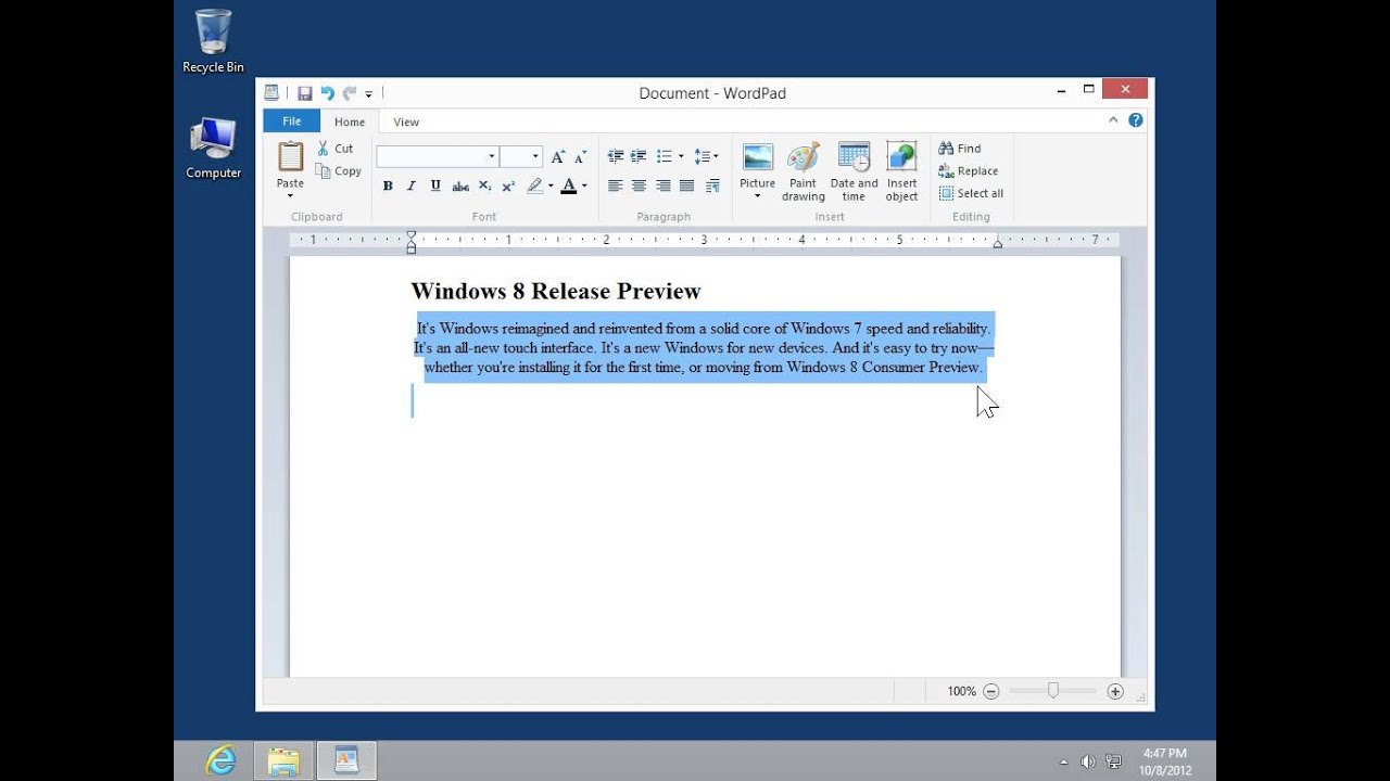 Windows 8.0 Professional - Change the Alignment of a Paragraph in WordPad