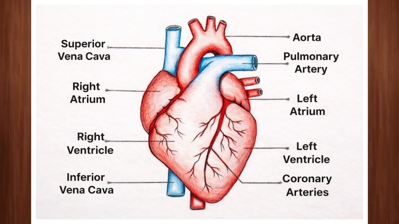 Human Heart Diagram Drawing for Beginners | How to Draw Heart Diagram Easily | Biology Drawing