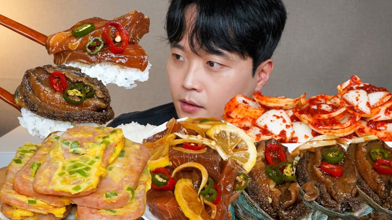 [와차밥] 전복장 연어장 스팸구이 양파김치 밥도둑 요리 먹방 Soy Sauce Abalone & Salmon & Spam ASMR MUKBANG EATING SHOW COOKING