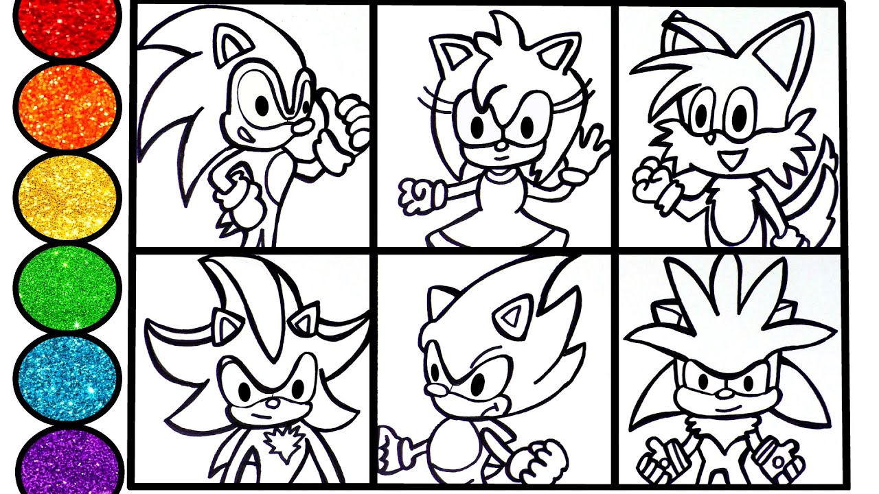 How to draw Sonic the Hedgehog Characters- Silver Gold Amy Rose Tales and others- Glitter art