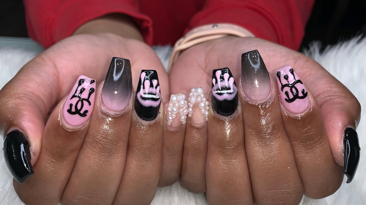 Acrylic Nails Tutorial | Pink And Black Nails | Short Coffin Nails | Acrylic Nails Art