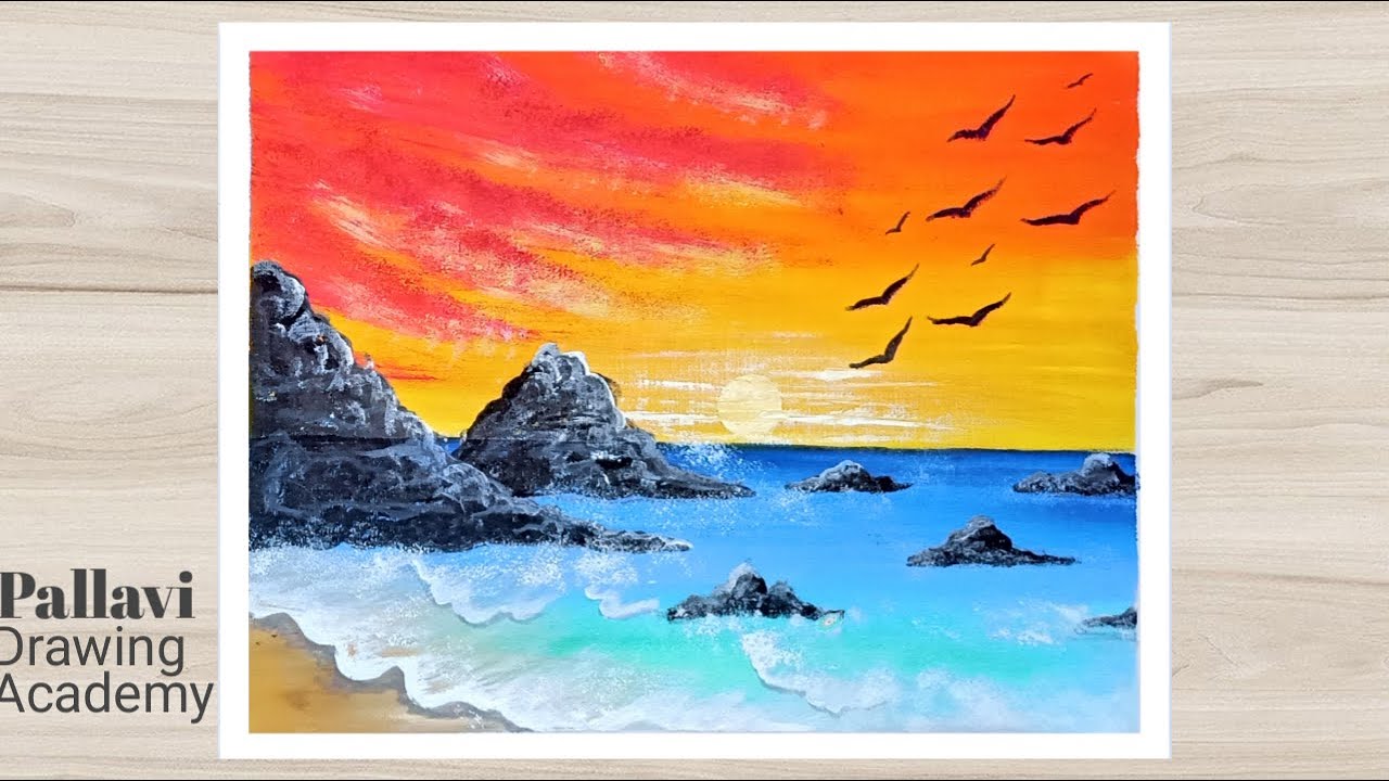 How to draw sunset coastal areas Painting for beginners || Pallavi Drawing Academy ||