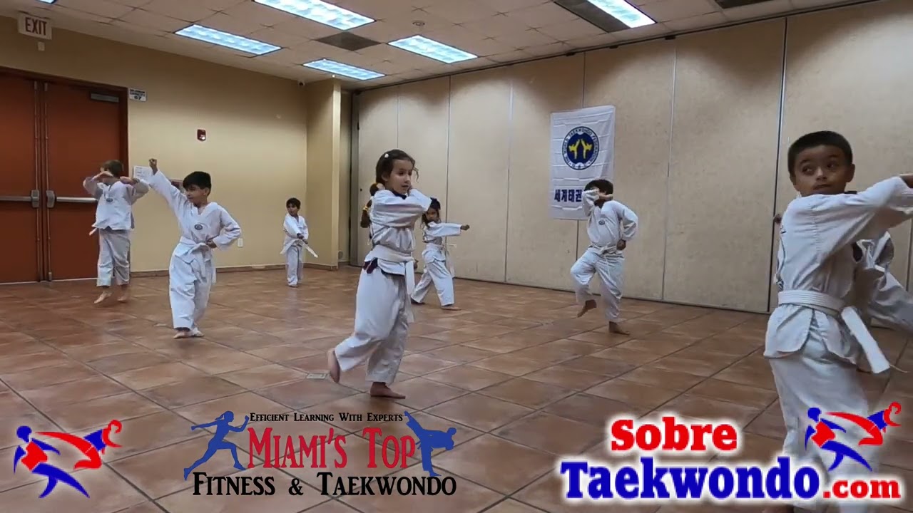 Clase exhibitoria de Taekwondo para niños de 5 y 6 años cintas blancas.