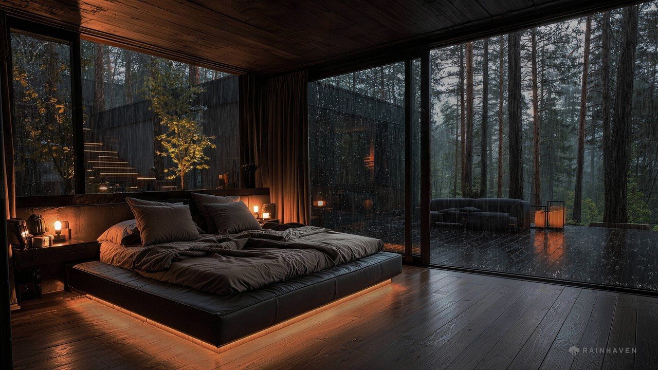 Heavy Rainforest Storm & Warm Glass Cabin. Deep Relaxation.