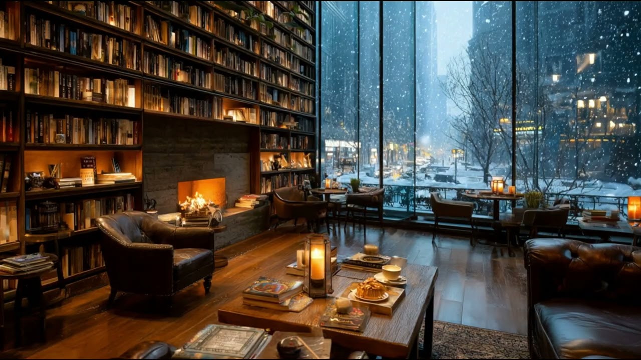 Snowy Night Cozy Piano Jazz ❄️ Fireplace Café Ambience for Reading, Focus & Relaxation