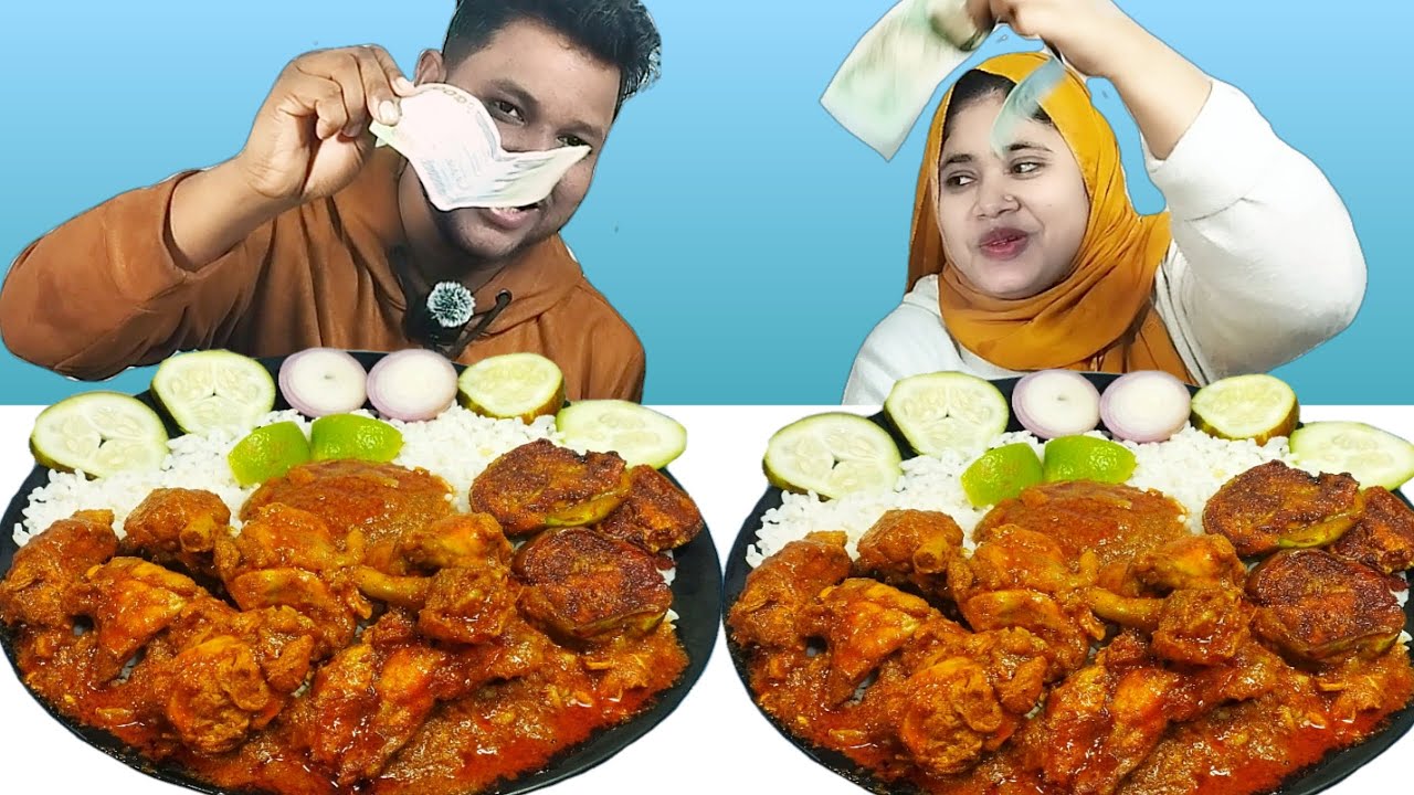 Spicy Chicken Curry And Brinjal Fry With Rice Eating Challenge, R+B Vlog