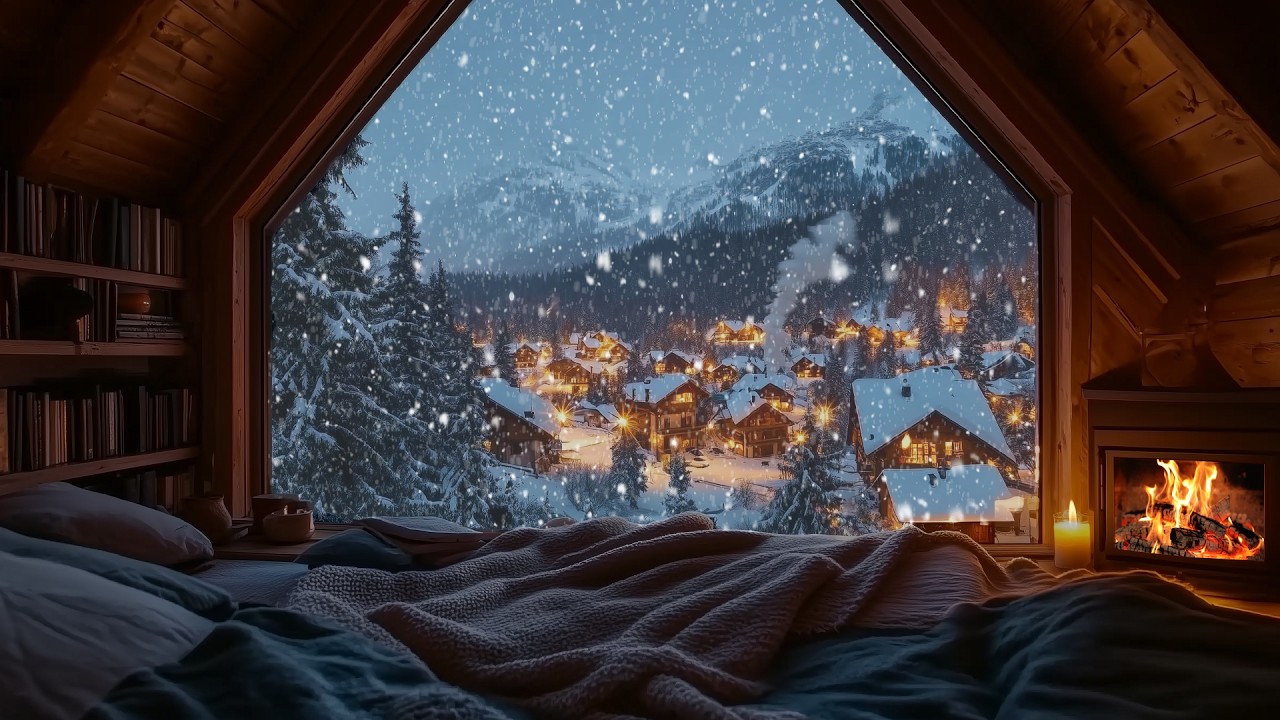Fall Asleep Fast (NO ADS) | Snowy Cabin Night • Warm Fireplace Crackling for Deep Sleep & Relaxation