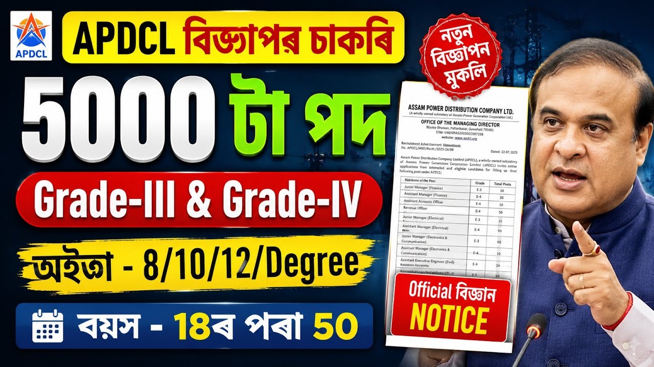 বিদ্যুৎ বিভাগৰ চাকৰি&zwnj; - apdcl new vacancy 2026 | Apdcl new recruitment 2026 | Jobs in assam | 