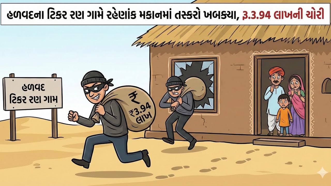 Halvad : ટિકર રણ ગામે રહેણાંક મકાનમાં તસ્કરો ખાબક્યા,3.94 લાખના ઘરેણાંની ચોરી